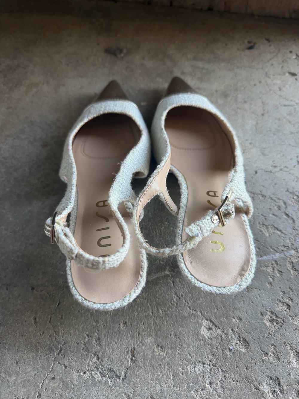 Unisa Ivory Tweed Slingback Mules with Metallic Gold Cap Toe - Picture 3 of 4